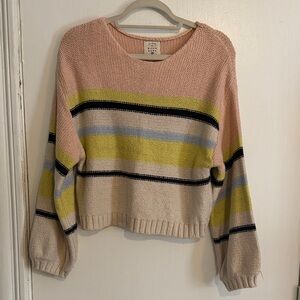 Billabong Striped Crew Neck Sweater in Pink, Yellow, and Blue